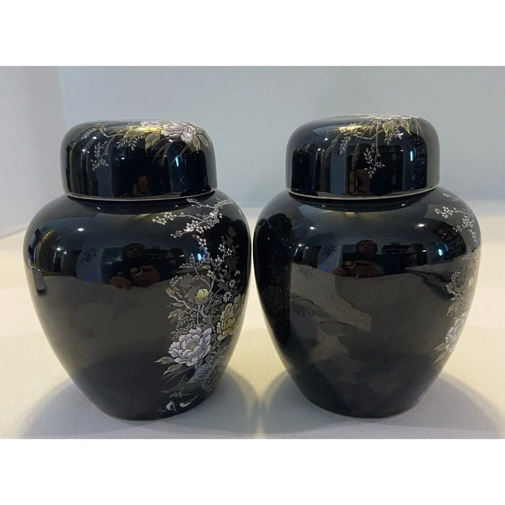 SHIBATA, 2 Hand Painted Peacock Black Ceramic Ginger Jars